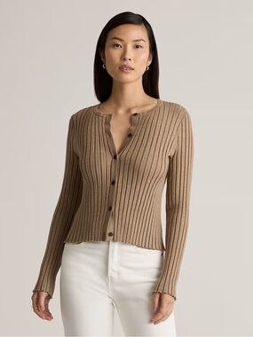 Quince Eco-Knit Cropped Ribbed Cardigan Warm Taupe Medium